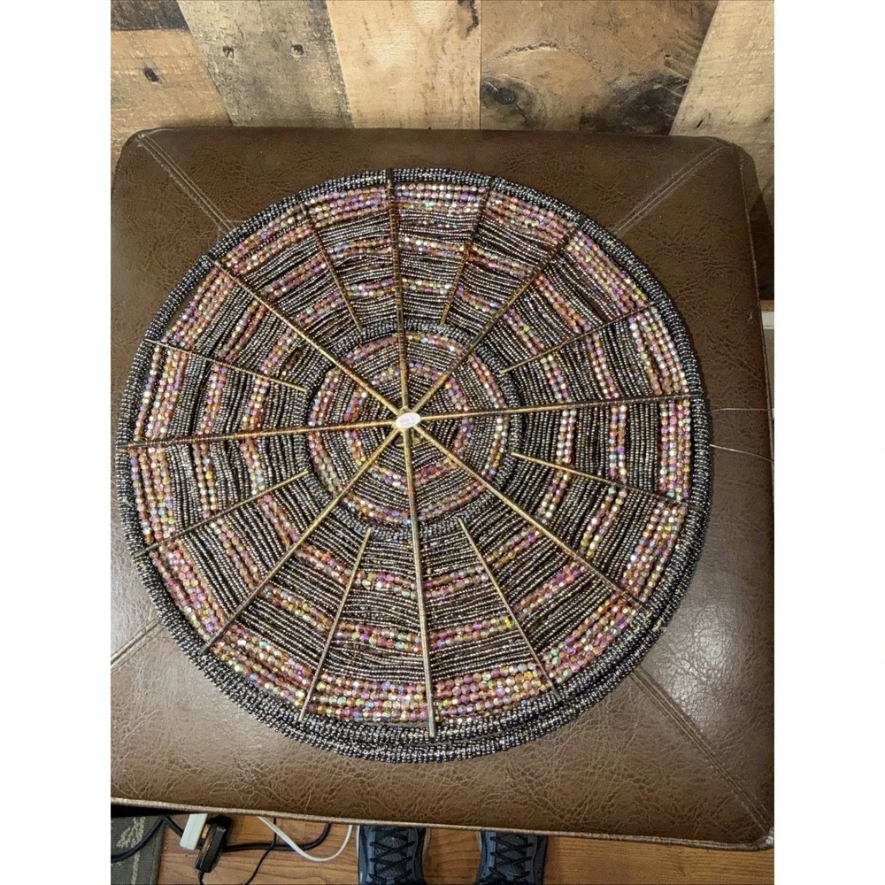 Set Hand Beaded Round Placemat Metallic Glass Seed Bead Spiderweb Starburst‎ Mat